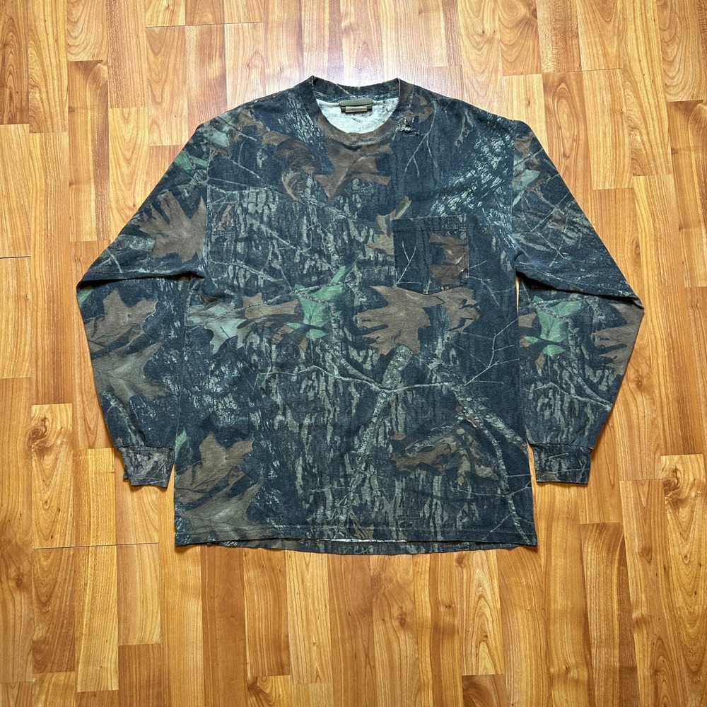 Vintage Mossy Oak Jerzees Mens Long Sleeve Pocket Tee L Camo Distressed